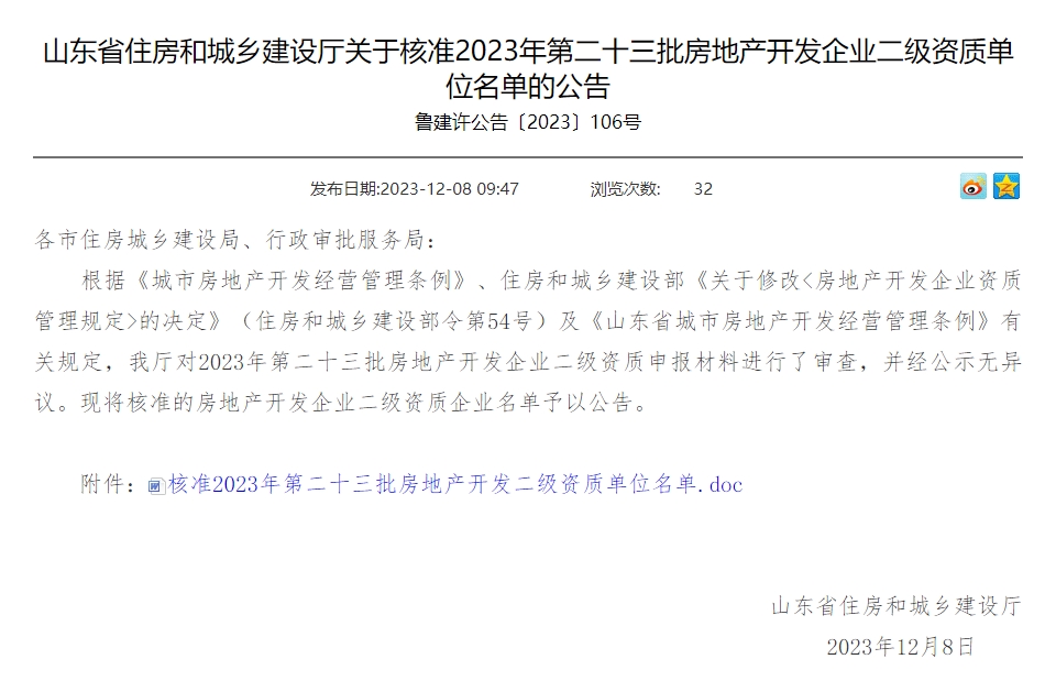 山東省住房和城鄉(xiāng)建設(shè)廳關(guān)于核準2023年第二十三批房地產(chǎn)開發(fā)企業(yè)二級資質(zhì)單位名單的公告